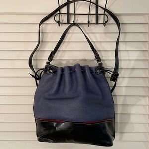 T. Cappelli Pebbled Slate Blue, Maroon and Black Patten Leather Bucket Bag